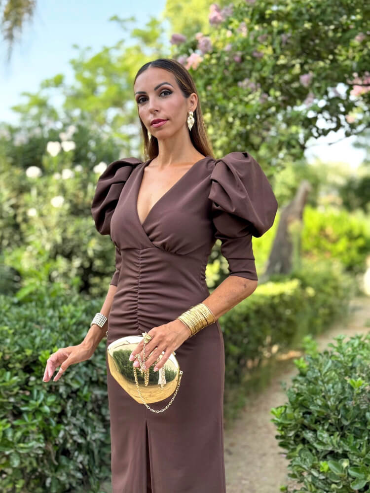 Vestido Largo marrón Con Drapeado Frontal