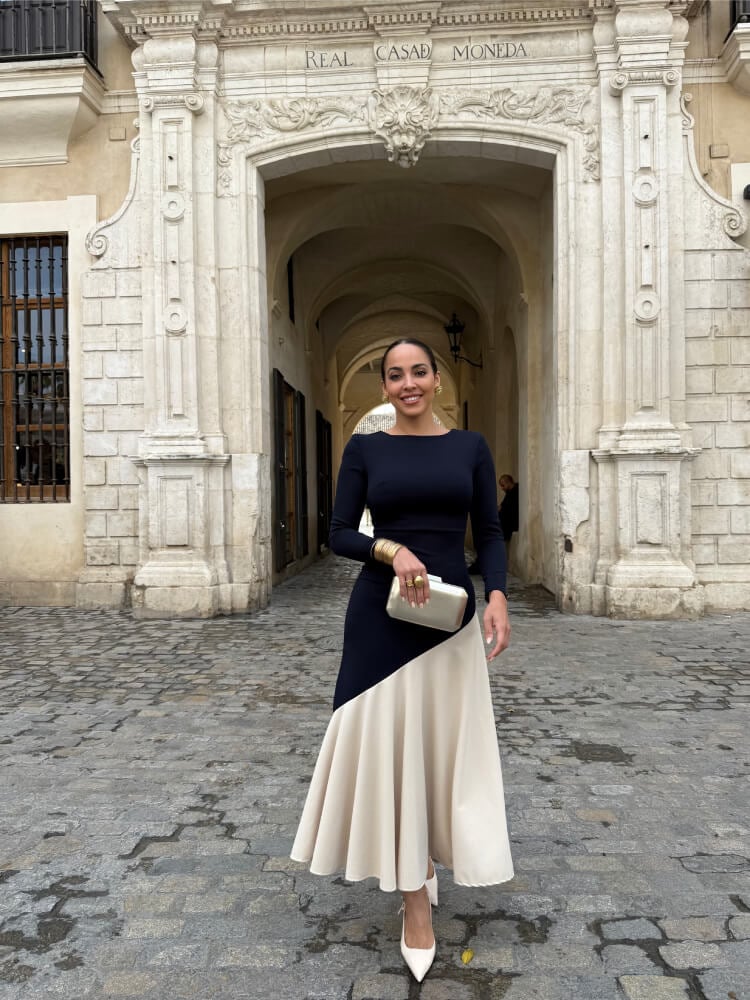 Vestido Midi Crespón Elástico Azul